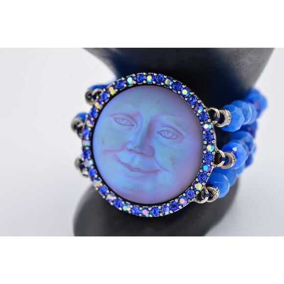 Kirks Folly Seaview Moon Bracelet Blue Rhinestone Crystal Bead Stretch RARE BinD